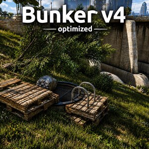 Puede incluir: Una representación digital titulada Bunker v4 optimized, que muestra una entrada de escotilla metálica circular con una escalera plateada, parcialmente cubierta por dos palés de madera en una ladera cubierta de hierba cerca de una estructura.