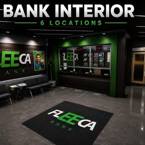 Op de afbeelding: Een digitale interieurweergave van een bank met de tekst FLEECA BANK op de muur en een vloermat. De ruimte bevat donkergrijze zitmeubels, een loketbalie met glazen scheidingswanden en een goudkleurige dubbele deur met het opschrift VAULT.