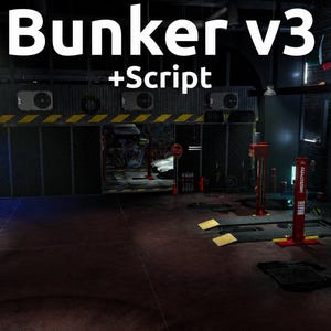 Puede incluir: Una representación digital de un interior de garaje industrial etiquetado como Bunker v3 +Script, con suelo de hormigón oscuro, elevadores de vehículos rojos, paredes de ladrillo, iluminación de neón y diversas herramientas mecánicas.