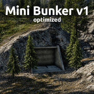 Puede incluir: Una entrada de búnker de hormigón construida en una ladera rocosa con árboles de hoja perenne a ambos lados. El texto Mini Bunker v1 optimized aparece en letras blancas en la parte superior central de la imagen sobre el paisaje natural.