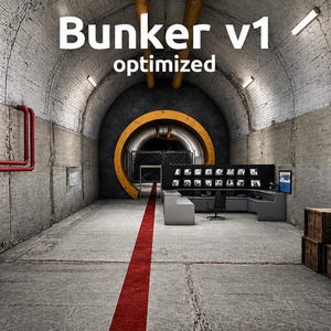 Puede incluir: Una representación digital del interior de un búnker subterráneo etiquetado como Bunker v1 optimized. El espacio cuenta con paredes de hormigón, tuberías rojas, una franja roja en el suelo, un escritorio de seguridad con monitores y cajas de madera marcadas con el número 6.