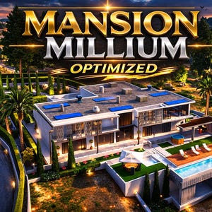 Puede incluir: Una representación digital de una mansión moderna de varios niveles con techo plano, paneles solares y piscina. El texto MANSION MILLIUM OPTIMIZED aparece en grandes letras doradas y plateadas en la parte superior sobre un cielo al atardecer.