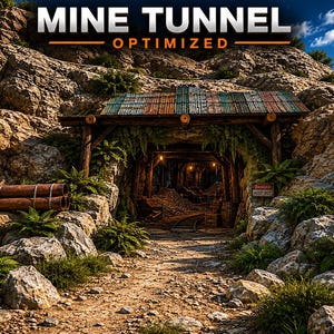 Puede incluir: Una entrada de túnel de mina en una ladera rocosa con techo de metal corrugado, vigas de madera y helechos verdes. El texto MINE TUNNEL OPTIMIZED aparece en la parte superior y un pequeño letrero rojo DANGER KEEP OUT es visible a la derecha.