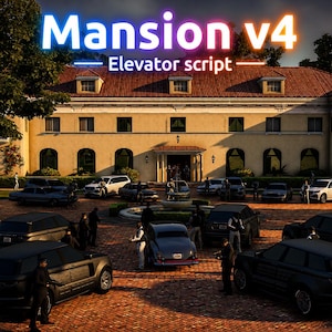 Puede incluir: Una gran mansión beige con techo de tejas rojas y un camino de entrada de ladrillo lleno de varios SUV y sedanes oscuros. El texto Mansion v4 Elevator script se muestra en letras de neón azul y naranja brillantes en la parte superior.