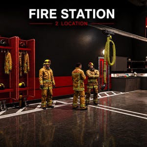 Puede incluir: Una ilustración digital del interior de una estación de bomberos con el texto FIRE STATION 2 LOCATION. Tres figuras con equipo de protección color canela y amarillo sobre un suelo oscuro con marcas blancas. Casilleros rojos con cascos y chaquetas.