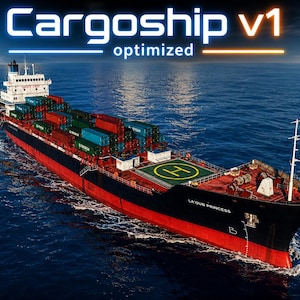 Puede incluir: Un gran buque de carga llamado La'Ous Princess navegando en el océano, con casco negro, sección inferior roja y contenedores coloridos apilados. La cubierta incluye un helipuerto con un símbolo H. El texto superior dice Cargoship V1 optimized.