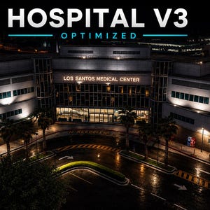 Puede incluir: Una vista nocturna del edificio Los Santos Medical Center con una estructura de varios pisos, ventanas iluminadas e iluminación exterior. El texto HOSPITAL V3 OPTIMIZED aparece en la parte superior y la entrada es visible.
