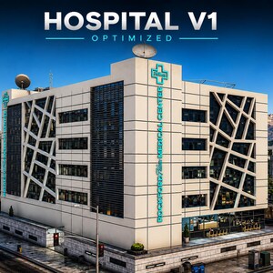 Puede incluir: Un edificio hospitalario de varias plantas con una fachada moderna que presenta paneles blancos y un patrón de rejilla geométrica sobre ventanas oscuras. El exterior muestra el texto Rockford Hills Medical Center en azul, con antenas parabólicas en el techo.