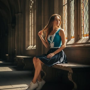 Puede incluir: Un vestido sin mangas con cuerpo color verde azulado, panel blanco en cuello en V, detalle de corbata oscura y dos botones blancos. El vestido tiene una falda plisada azul oscuro que llega sobre la rodilla y zapatillas blancas.