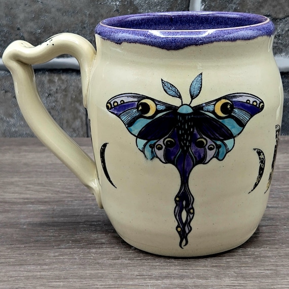 Luna Moth and Moon Phases mug, large mug, 15 oz. Purple inside glaze