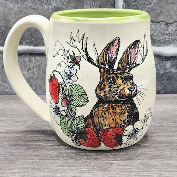 Jackalope & strawberries mug, large mug with ladybugs, green glaze inside