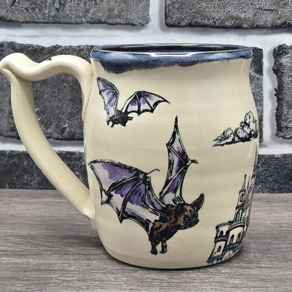 Purple Bats mug, large mug, 14 oz. Black inside glaze