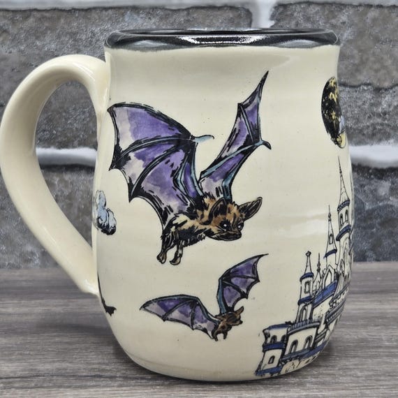 Purple Bats mug, large mug, 14 oz. Black inside glaze