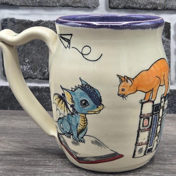 Cats in the Fantasy Library, large mug 14 oz. Gnome, baby dragon