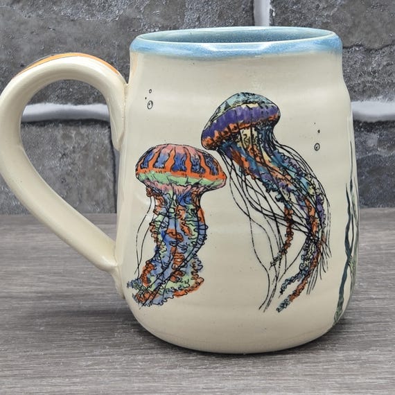Jellyfish mug, large mug with sea life. 15 oz. Dishwasher and microwave safe