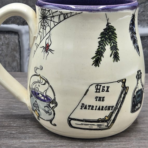 Witch's kitchen 2 mug, Hex the Patriarchy, large mug ~14oz. Black cat, books, cauldron