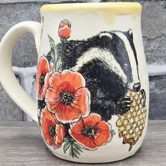 Honey badger & poppy blooms mug, large mug with bees