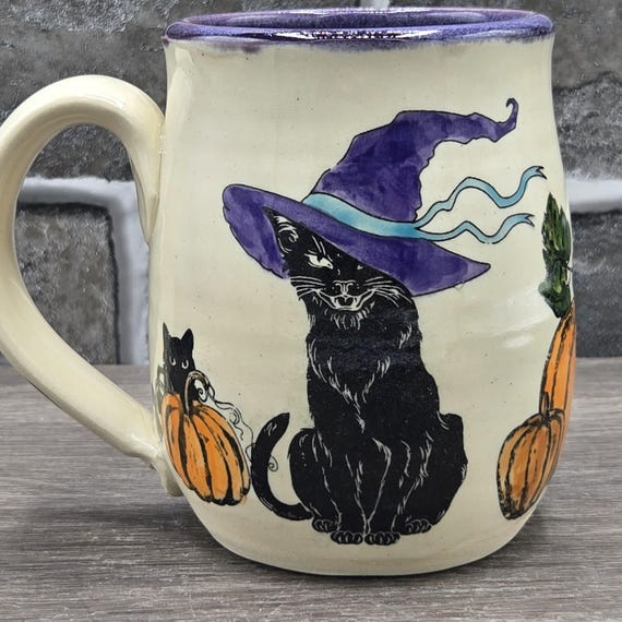Black cats in the pumpkin patch mug, 14 oz. Purple inside glaze