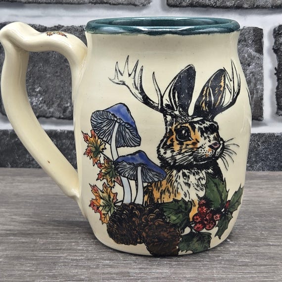 Autumn Jackalope, large mug with fall leaves, mushrooms, pumpkins, bats, green glaze inside