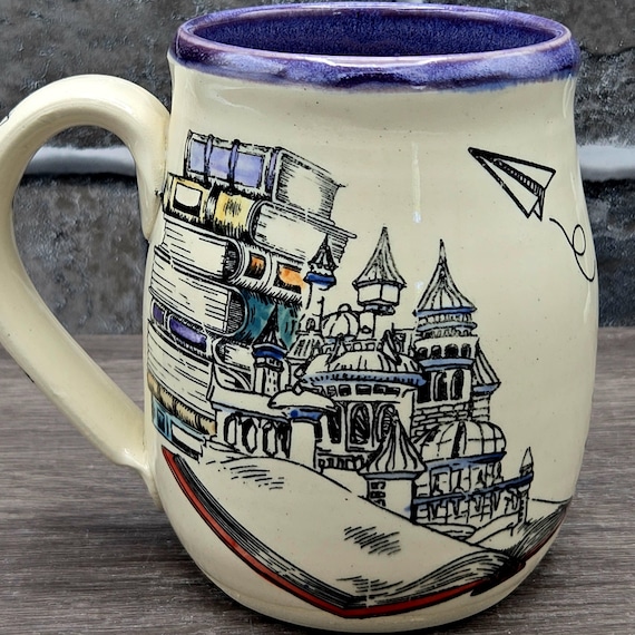 Book fairytale castle and dragon mug, large ~14oz mug. Dishwasher & Microwave safe