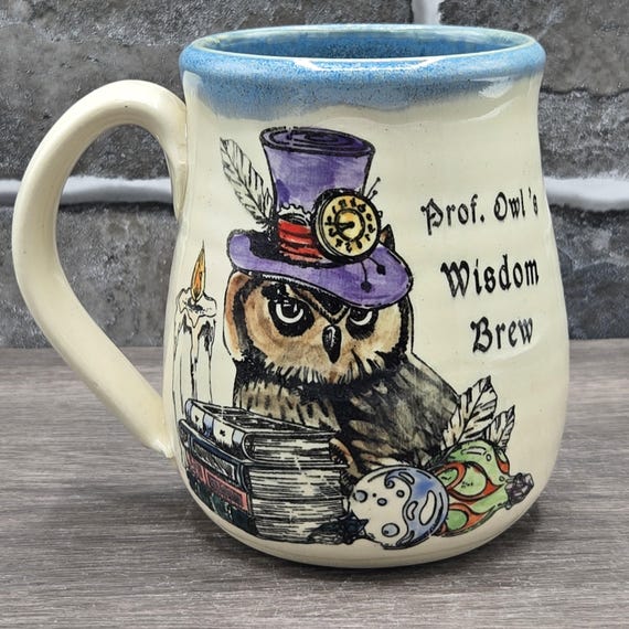 Prof. Owl's Wisdom Brew, owls and books mug, large 14  oz.