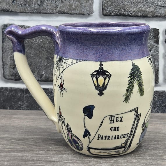Witch's kitchen mug, Trad Witch, Baba Yaga, Hex the Patriarchy, large mug ~14oz. Black cat, books, bat