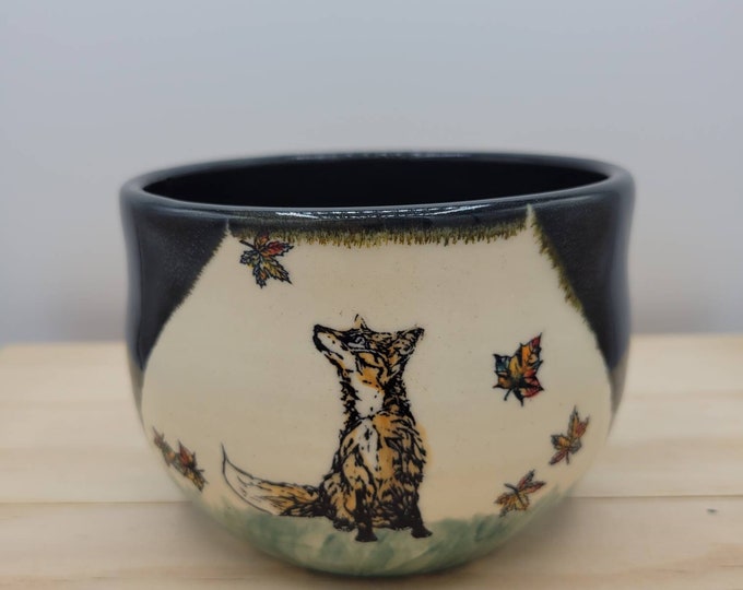 Featured listing image: Small night critters bowl, fox, racoons, black silver glaze