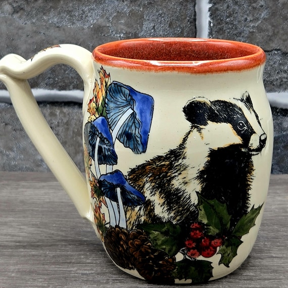 Fall badger mug, large mug with mushrooms, holly, pinecone, Burning Embers inside glaze