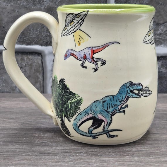 Alien invasion large mug, dinosaurs, 14 oz. Lime green inside glaze