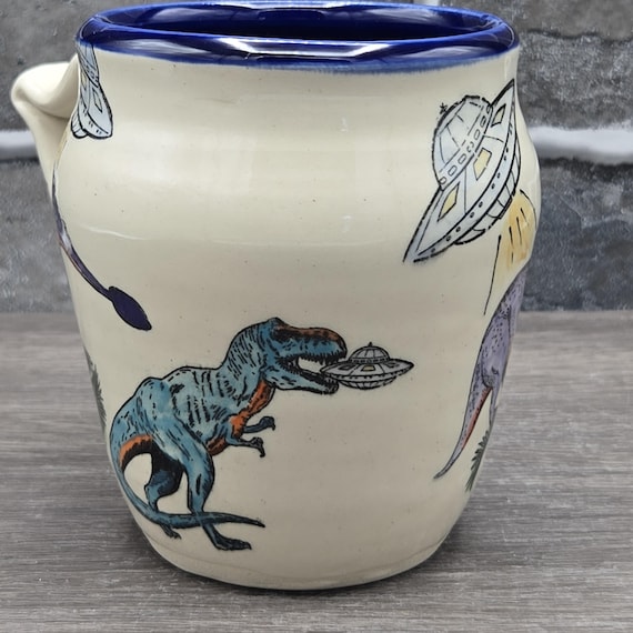 Alien invasion large mug, dinosaurs, 15 oz. Blue inside glaze