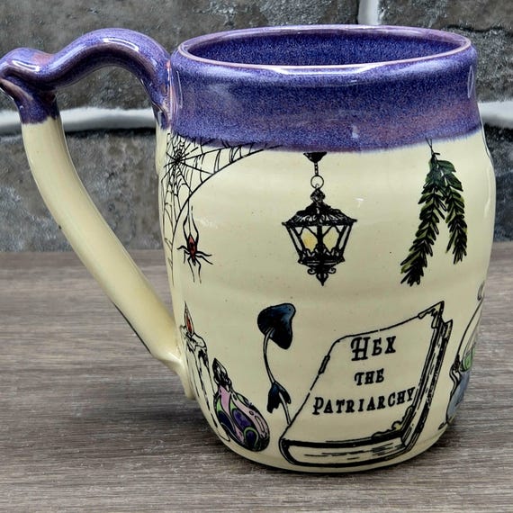 Witch's kitchen mug, Trad Witch, Baba Yaga, Hex the Patriarchy, large mug ~14oz. Black cat, books, bat
