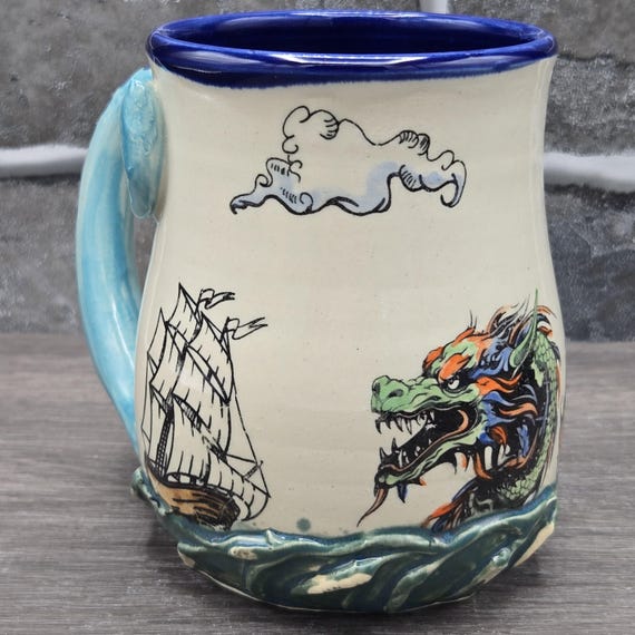 Sea Monster Mug with tentacle handle, Sea Dragon, Pirate Ship, Blue Inside Glaze, microwave safe
