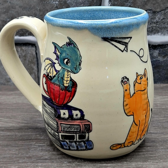 Cats in the Fantasy Library, large mug 14 oz. Unicorn, baby dragon
