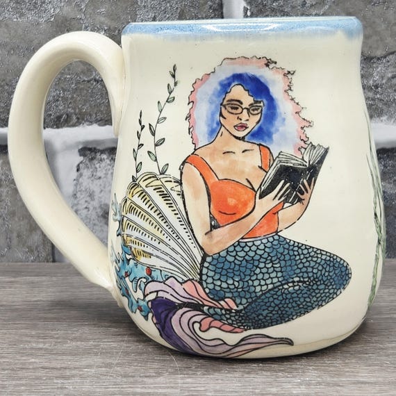 Mermaid reading mug, large mug