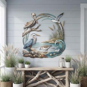 Decorazione murale in metallo con uccelli costieri: pellicano, airone, gabbiano e piovanello, stile nautico per casa al mare.
