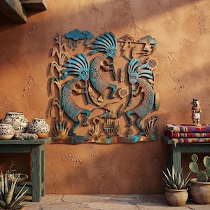 May include: A square metal wall art piece featuring three stylized figures playing flutes, adorned with intricate geometric patterns and a turquoise patina finish. The design includes depictions of clouds, lightning, corn stalks, and sunflowers.