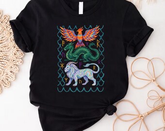 Camiseta de Criaturas Míticas, Camiseta de Fénix, Dragón y Grifo, Camiseta con Gráfico de Animales Fantásticos, Regalo de Runas Nórdicas, Camiseta de Criatura Mágica
