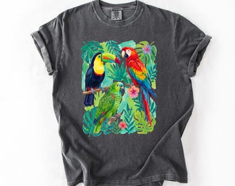 Camiseta de aves tropicales, camiseta de tucán, camiseta colorida de aves de la selva, camiseta con estampado de fauna de la selva tropical, regalo para amantes de las aves