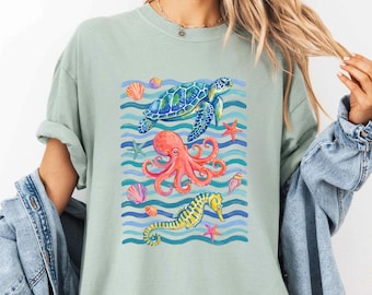 Camiseta de tortuga marina, pulpo y caballito de mar, camiseta de animales marinos costeros, camiseta con estampado playero, regalo de vida marina, camiseta para vacaciones de verano
