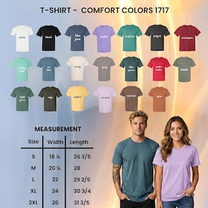 May include: A Comfort Colors 1717 t-shirt color chart displaying twenty-one shirt options in various shades including white, black, blue jean, violet, seafoam, pepper, crimson, chalky mint, ice blue, ivory, grey, blue spruce, watermelon, moss, light green, sage, butter, orchid, espresso, and yam, alongside a size chart with width and length measurements in inches.