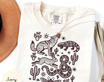 Comfort Colors Desert Wildlife Coyote Snake Graphic Tee, Southwest Nature Shirt