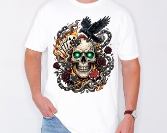 Camiseta de casino con calavera gótica, camiseta gráfica de póker oscuro, camiseta unisex de juego con cuervo