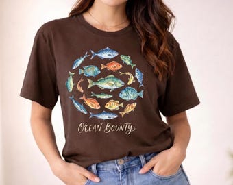 Camiseta con estampado de peces del océano, camiseta de vida marina costera, ropa vintage de vida marina.