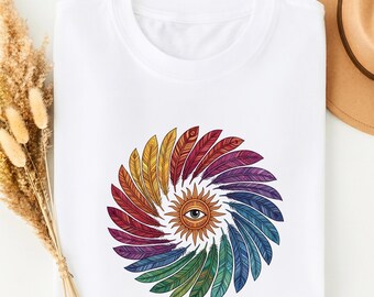 Camiseta Boho Sun Eye Comfort Colors®, camiseta gráfica celestial con plumas arcoíris.