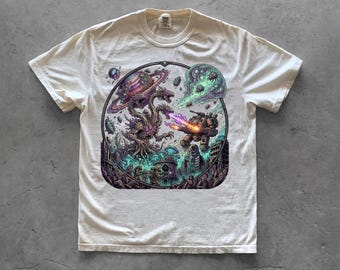 Camiseta de batalla de monstruos de ciencia ficción, camiseta gráfica de planeta alienígena, camiseta de terror cósmico, regalo para gamers de robots mech, camiseta de fantasía espacial