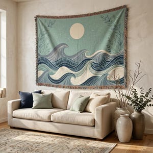 Ocean Wave Moon Phase Tapestry, Zen Garden Japandi Celestial Wall Tapestry, Boho Antique Vintage Woven Blanket Home Decor Gift for Her