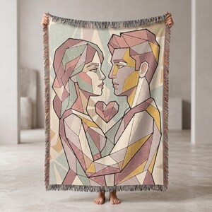 Geometric Couple Portrait Wall Tapestry, Cubist Style Woven Blanket, Modern Abstract Art Wall Hanging Love Gift