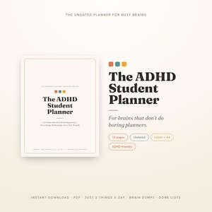 Könnte beinhalten: Ein digitaler Planer mit dem Titel The ADHD Student Planner auf cremefarbenem Hintergrund. Er enthält drei kleine farbige Quadrate, den Text For brains that don't do boring planners sowie Etiketten für 10 pages, Undated, Letter + A4 und ADHD-friendly.