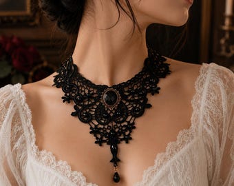 Black Lace Gothic Choker Necklace, Victorian Bib Statement Crystal Pendant Jewelry