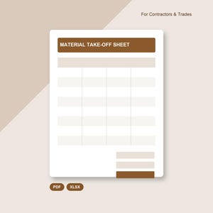 Material Take-Off Sheet | Editable Contractor / Trades Template | Digital Download PDF + XLSX